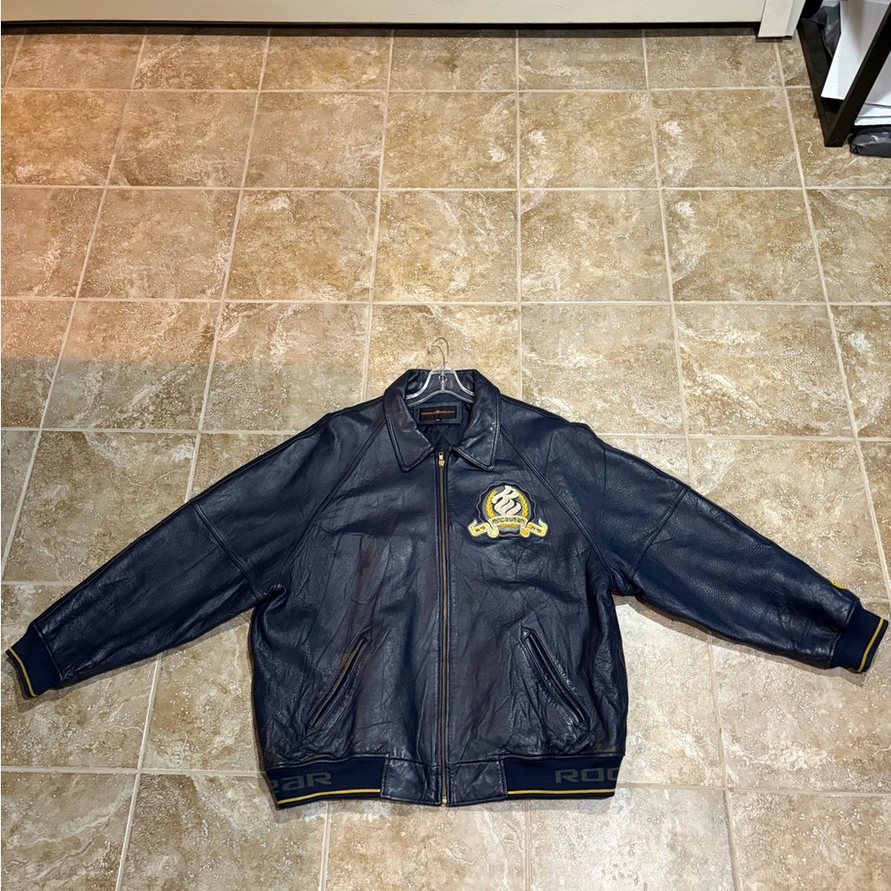Rocawear Navy Leather Bomber Jacket 3xxl good condition runs small